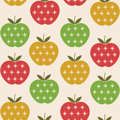 Cute Apple with Mid Century Atomic Starbursts seamless pattern in red, lime green and mustard yellow on light cream background. For kitchen décor, wallpaper and fabric