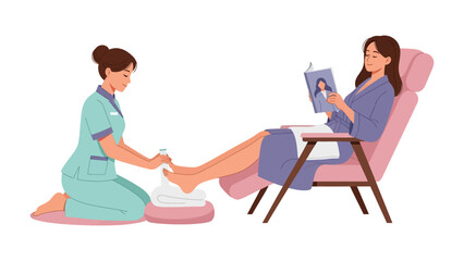 Young woman relaxing while receiving a professional pedicure treatment in a comfortable salon chair reading a magazine