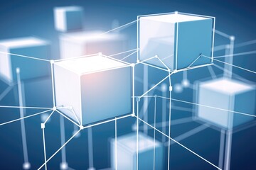 Obraz premium White cubes on a blue background connected by lines, symbolizing the secure transmission of data and information flow in blockchain technology