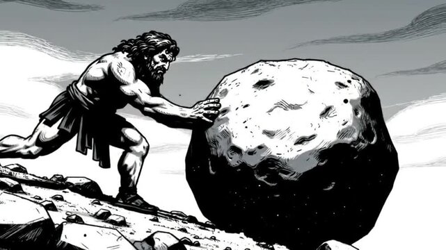 An ancient man pushing a large stone with black and white dramatic style