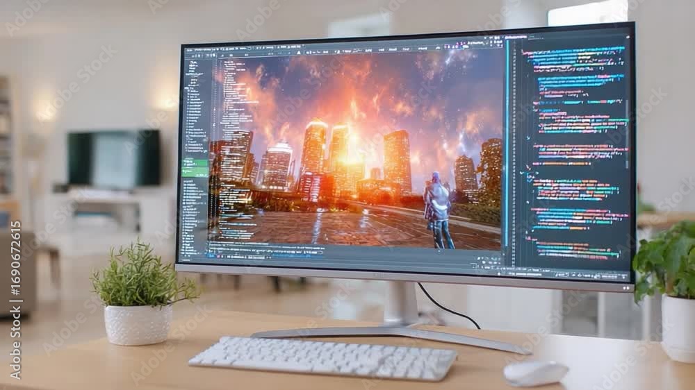 Wall mural tech-art fusion: an immersive desktop setup showcases digital artistry, blending software interfaces