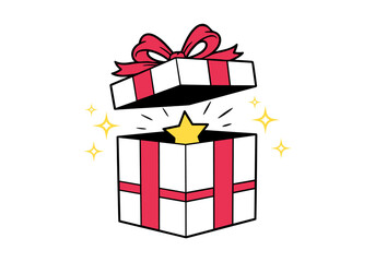Open gift box with red ribbon bow and golden sparkling star vector illustration
