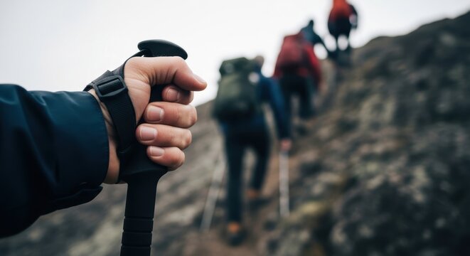 Group hiking up rocky trail with focus on hand holding trekking pole
