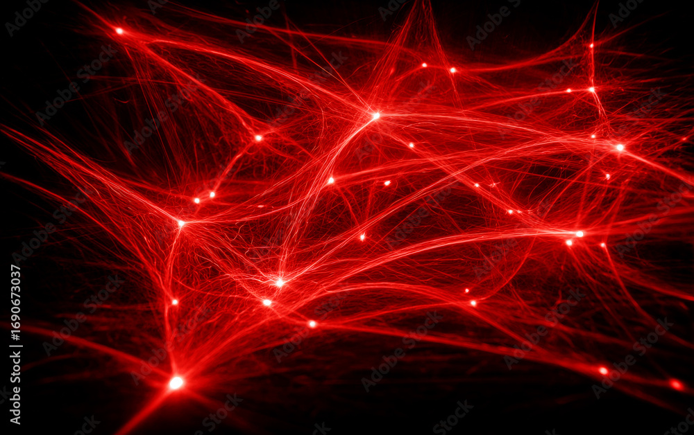 Poster red glowing fiber optic network with multiple bright points