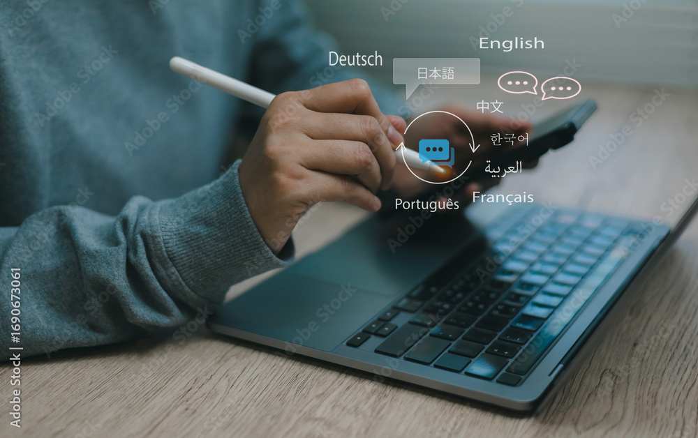 Aufkleber person holding smartphone and stylus pen writing note with translating from different languages onli