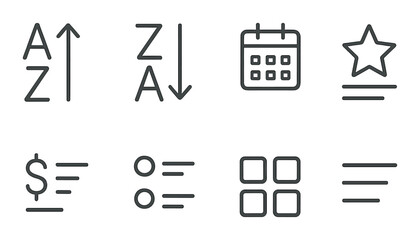 Minimalist icon set for sorting filtering calendar star dollar list grid