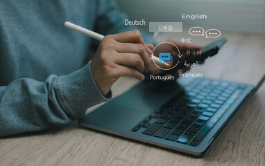 Person holding smartphone and stylus pen writing note with translating from different languages...