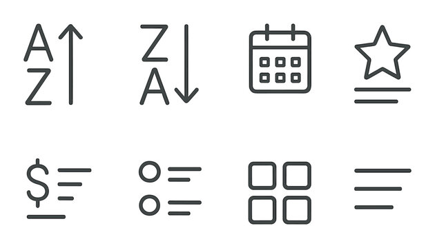 Minimalist icon set for sorting filtering calendar star dollar list grid