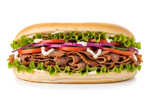Large sub sandwich with roast beef and fresh vegetables