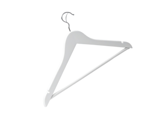 Simple, light gray wooden hanger, angled