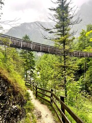 Wooden suspension bridge and hiking trail surrounded by green alpine forest in Landl, Austria. Scenic nature and adventure travel landscape in the Austrian Alps.