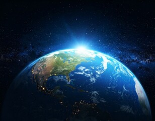 Obraz premium Dynamic view of Earth from space, sunrise illuminating America, city lights.