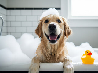 Chien mignon souriant et heureux dans son bain avec mousse et bulles