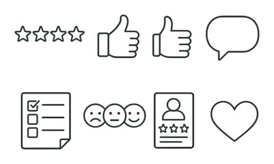 Rating icons: stars, thumbs up, chat, checklist, emojis, profile, heart symbols