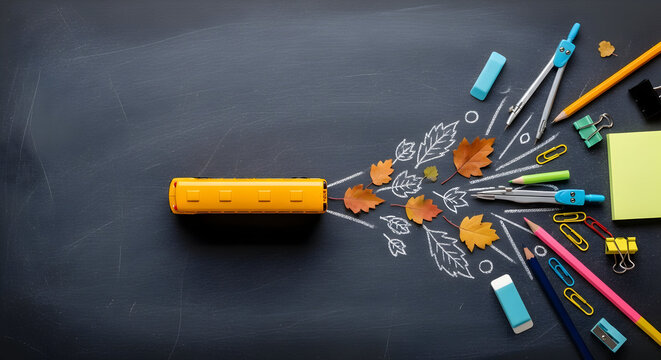 Back to school supplies burst from a cheerful yellow school bus, autumn leaves and colorful stationery on a blackboard background, perfect for education marketing.