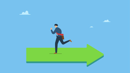 Confused businessman running in wrong opposite direction of trend arrow. Wrong direction lead to mistake, leadership decision to be difference or opposite, mislead or false to get lost.