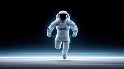 Male astronaut engaging in resistance band exercise for fitness in space exploration theme