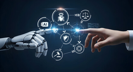 Fototapeta premium Human and AI collaboration: Secure future technologies, innovative solutions for global challenges, ethical considerations, and responsible development of artificial intelligence.