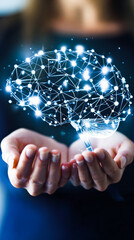 Womans hands hold digital brain.