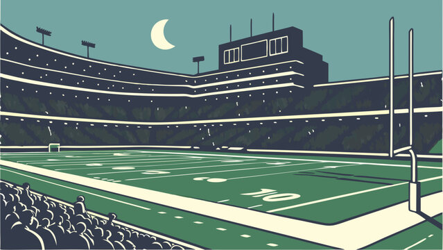 Night game at a football stadium crowd in the stands American football field scoreboard crescent moon vector illustration.
