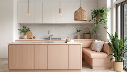 Fototapeta premium A modern, light-filled kitchen featuring a pale wood island with a built-in bench, white cabinets, and natural decor including potted plants and rattan pendant lights.