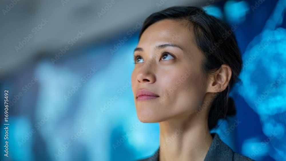 Poster professional manager analyzing holographic digital network projections, visualizing interconnected g