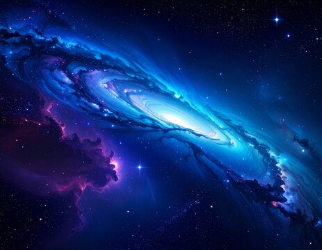 Stunning blue and purple spiral galaxy with nebulae and stars.