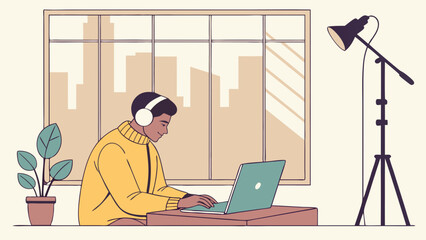 Person working from home on laptop with headphones and studio light illustration remote work online job home office freelance digital nomad modern workspace.