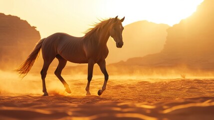 A Majestic Horse Gallops Across the Desert at Sunset in a Golden Haze