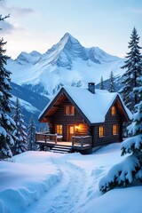 Naklejka premium Cozy mountain chalet nestled amidst snow-capped peaks, offering stunning views and rustic charm Perfect for a winter getaway or adventurous escape , stunning, architecture, scenic
