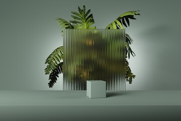 Abstract 3D render with frosted glass panel, tropical leaves and geometric cube