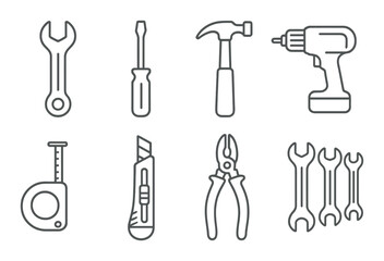Silhouette outlines of common hand and power tools on dark background