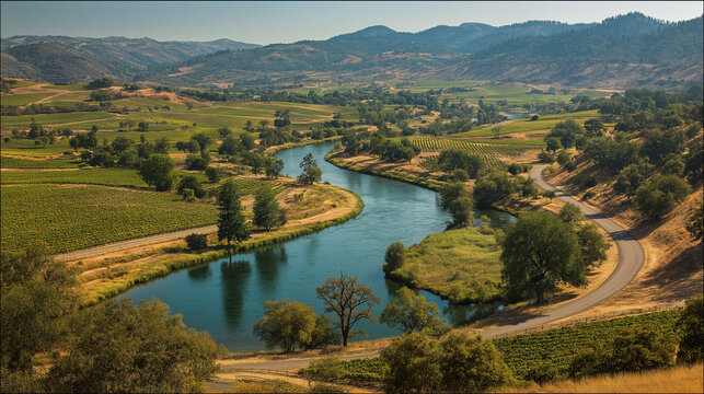 Aerial view of russian river valley vineyards and rolling hills in california