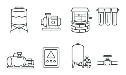 Industrial water system elements icons - tanks, pumps, filters, wells, valves, control panel