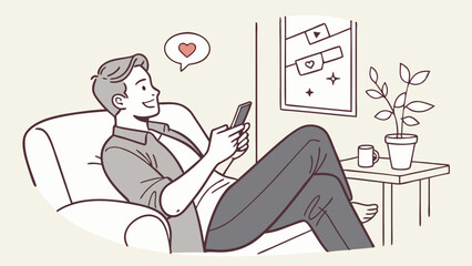 Relaxed man using smartphone at home cozy illustration.