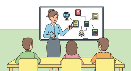 Teacher giving lesson to students in classroom.