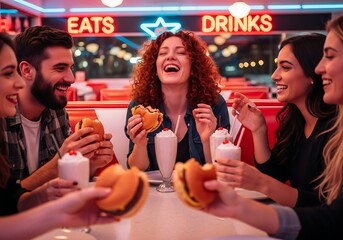 Friends enjoying burgers and milkshakes at a diner