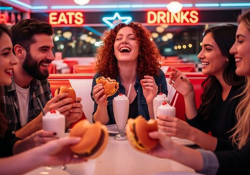 Friends enjoying burgers and milkshakes at a diner - Powered by Adobe