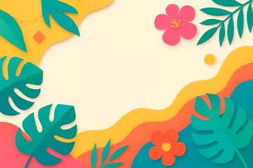 Frame tropis dengan bunga merah muda dan kuning, bergaya paper cut untuk undangan ceria.