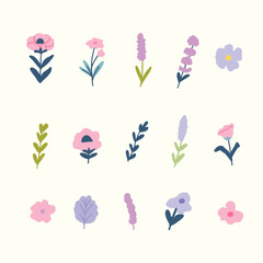 Set of collection cute purple flower for elements clipart and sticker