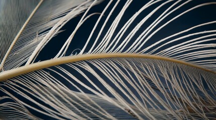 Obraz premium Close-up of delicate feather strands showcasing intricate details and fine textures against a dark background.