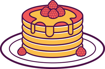 Pancake Stack with Syrup and Raspberries. Delicious Pancake Stack with Fresh Raspberries. Sweet Pancake Stack with Maple Syrup and Berries. Breakfast Pancake Stack with Syrup and Fruits