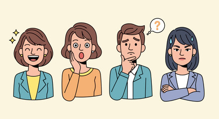 Four diverse individuals expressing different emotions.