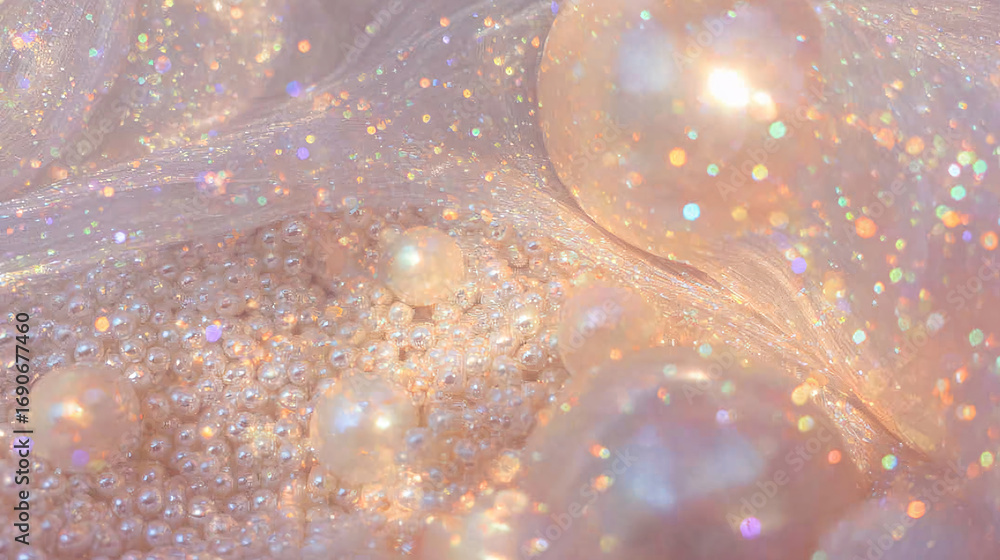 Poster abstract sparkling mother-of-pearl background with pearls, wavy with bokeh effect and glittering par