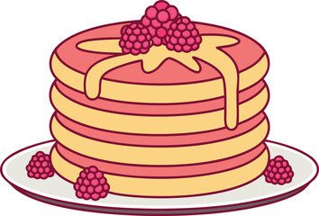 Pancake Stack with Syrup and Raspberries. Delicious Pancake Stack with Fresh Raspberries. Sweet Pancake Stack with Maple Syrup and Berries. Breakfast Pancake Stack with Syrup and Fruits