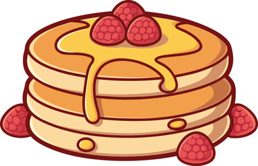 Pancake Stack with Syrup and Raspberries. Delicious Pancake Stack with Fresh Raspberries. Sweet Pancake Stack with Maple Syrup and Berries. Breakfast Pancake Stack with Syrup and Fruits