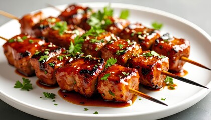 Fototapeta premium skewers meat satay with sauce and spices on a white plate.