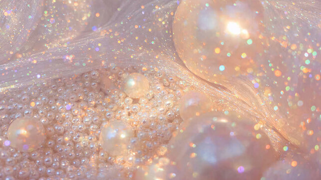 Abstract sparkling mother-of-pearl background with pearls, wavy with bokeh effect and glittering particles