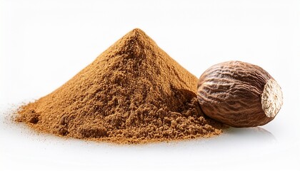 whole nutmeg and ground powder on transparent background