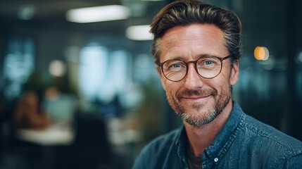 Fototapeta premium Confident businessman with glasses smiles warmly, embodying professional success and modern office vibes
